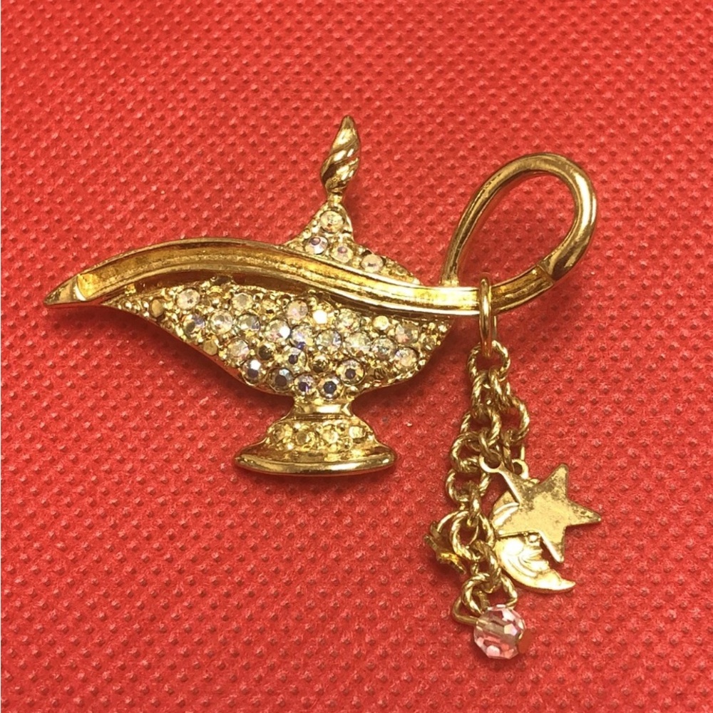 Kens Folly Lamp Brooch with Crystal Charms Vintage